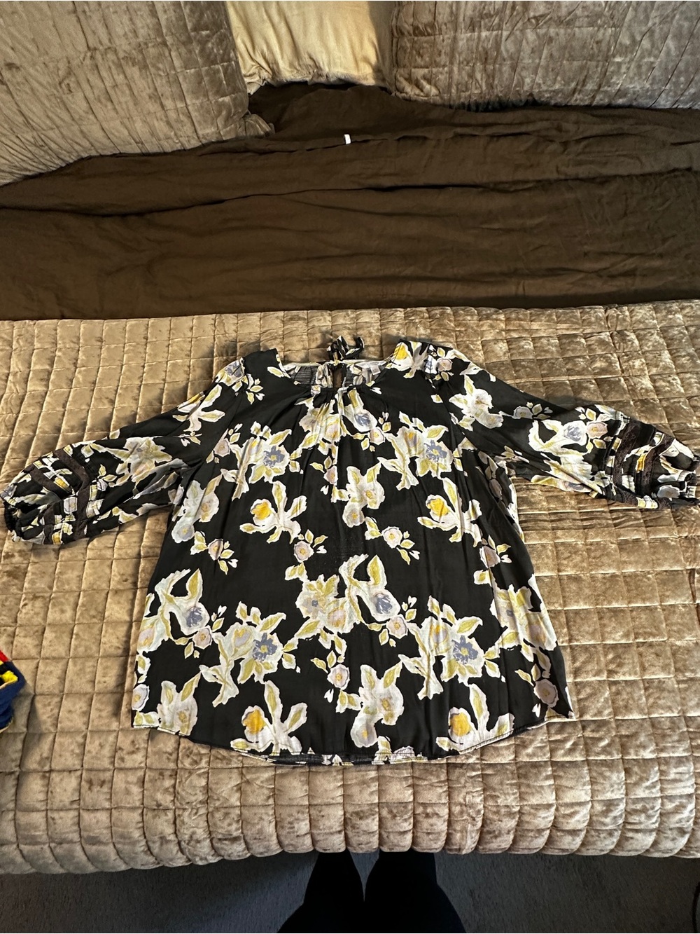 LC Lauren Conrad Black Floral Blouse with Yellow & White Flowers